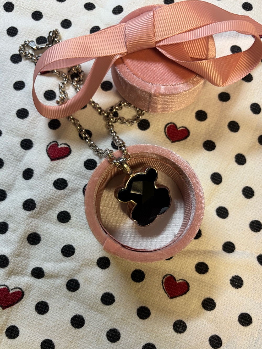 Tous Black Clover Pendant Necklace with Pink Velvet Gift Box